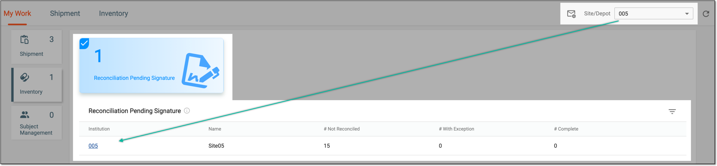Filtering reconciliation signature tasks by institution