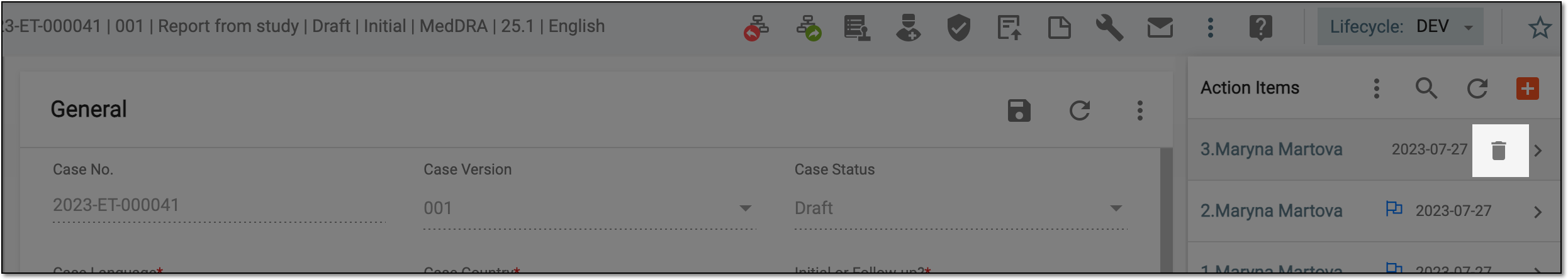 Deleting action item