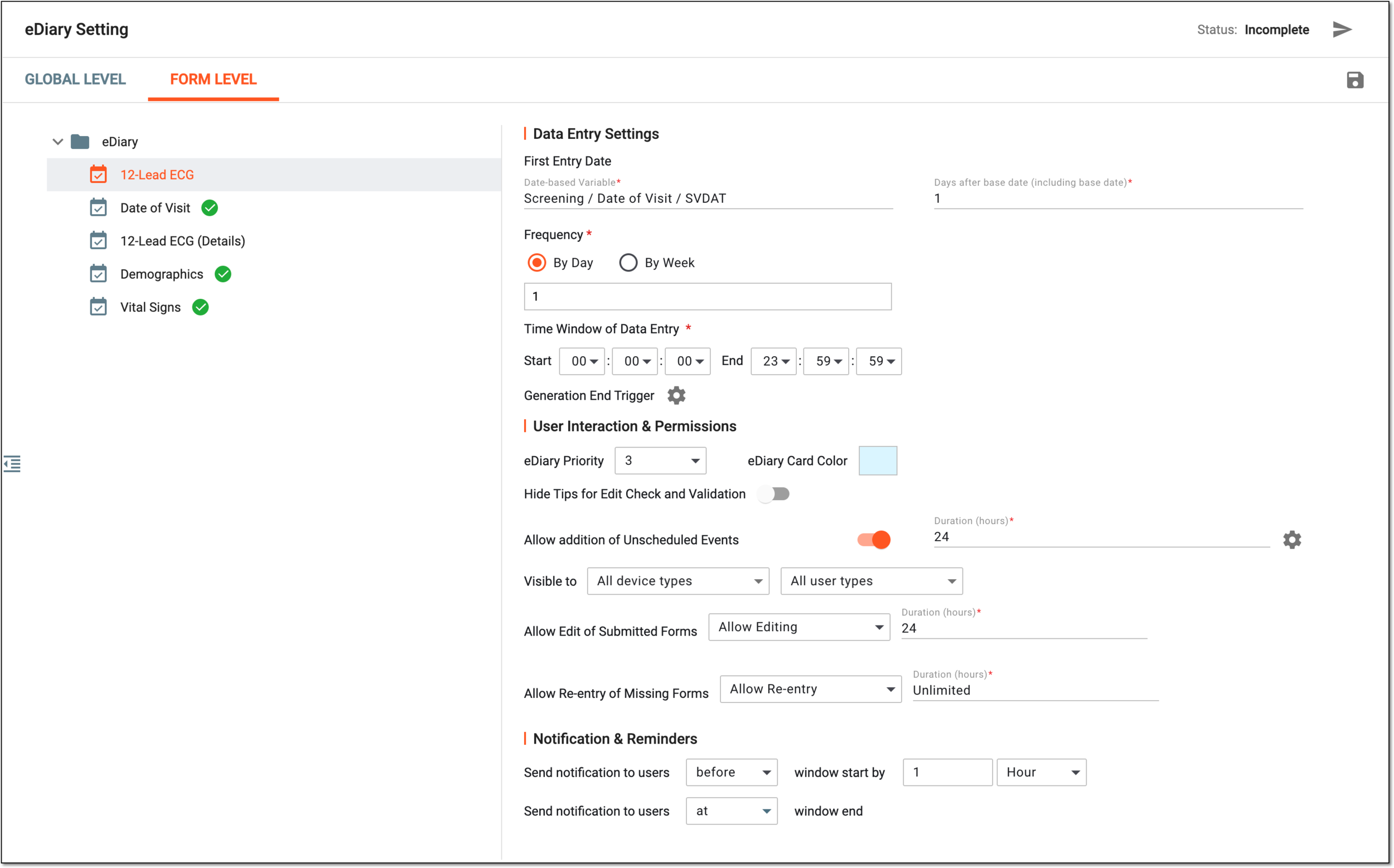 Configuring eDiary at form level