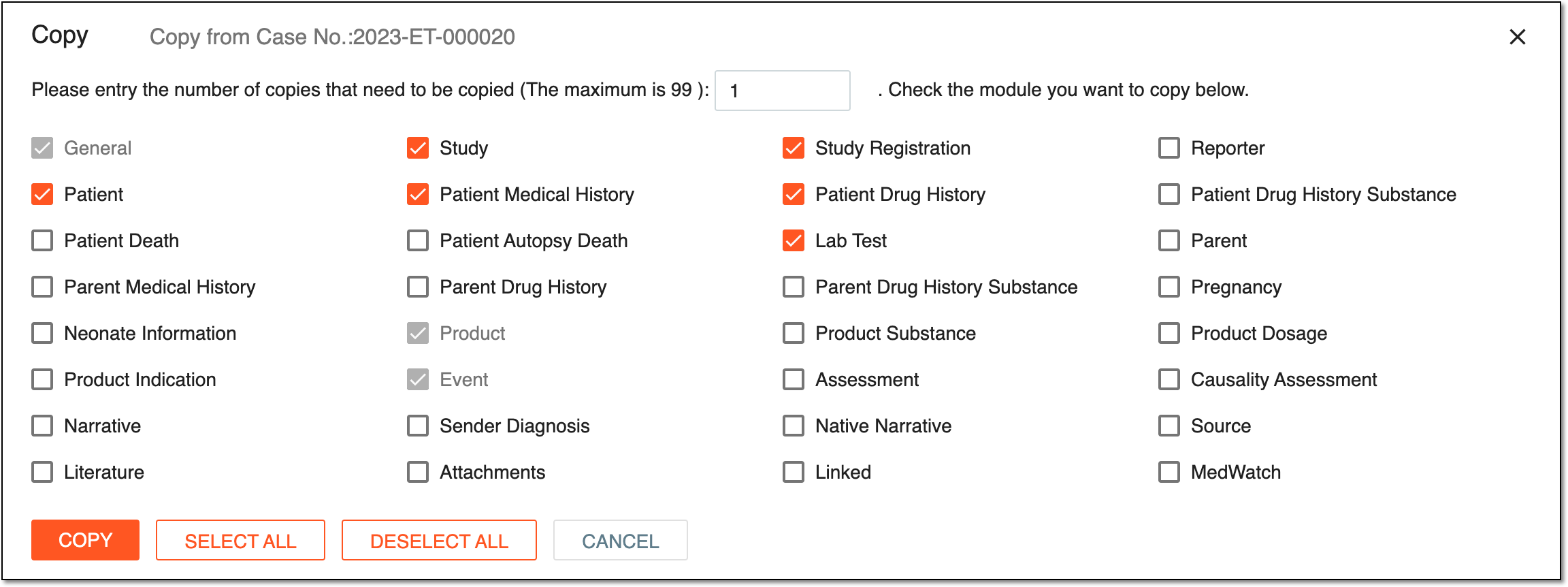 Selecting forms to include in copied report