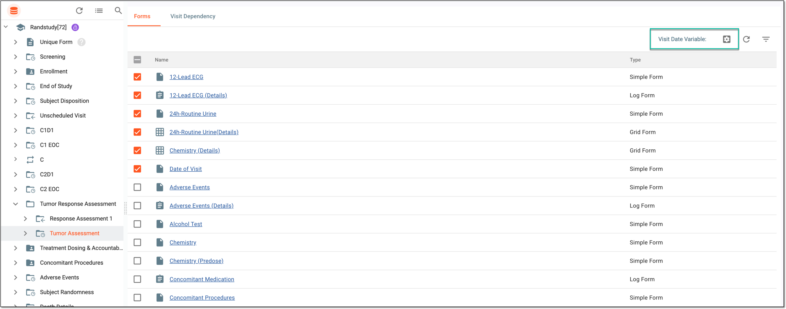 Selecting to set visit date variable