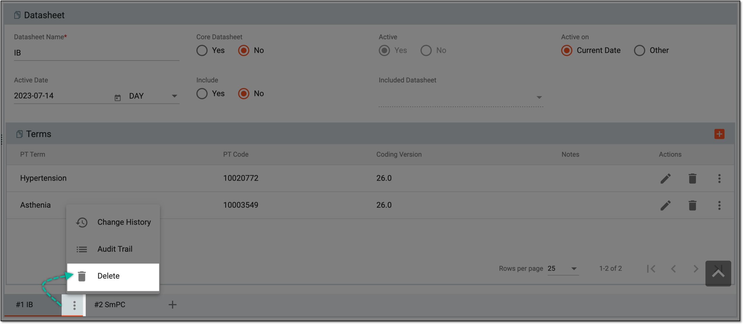 Deleting product family data sheet