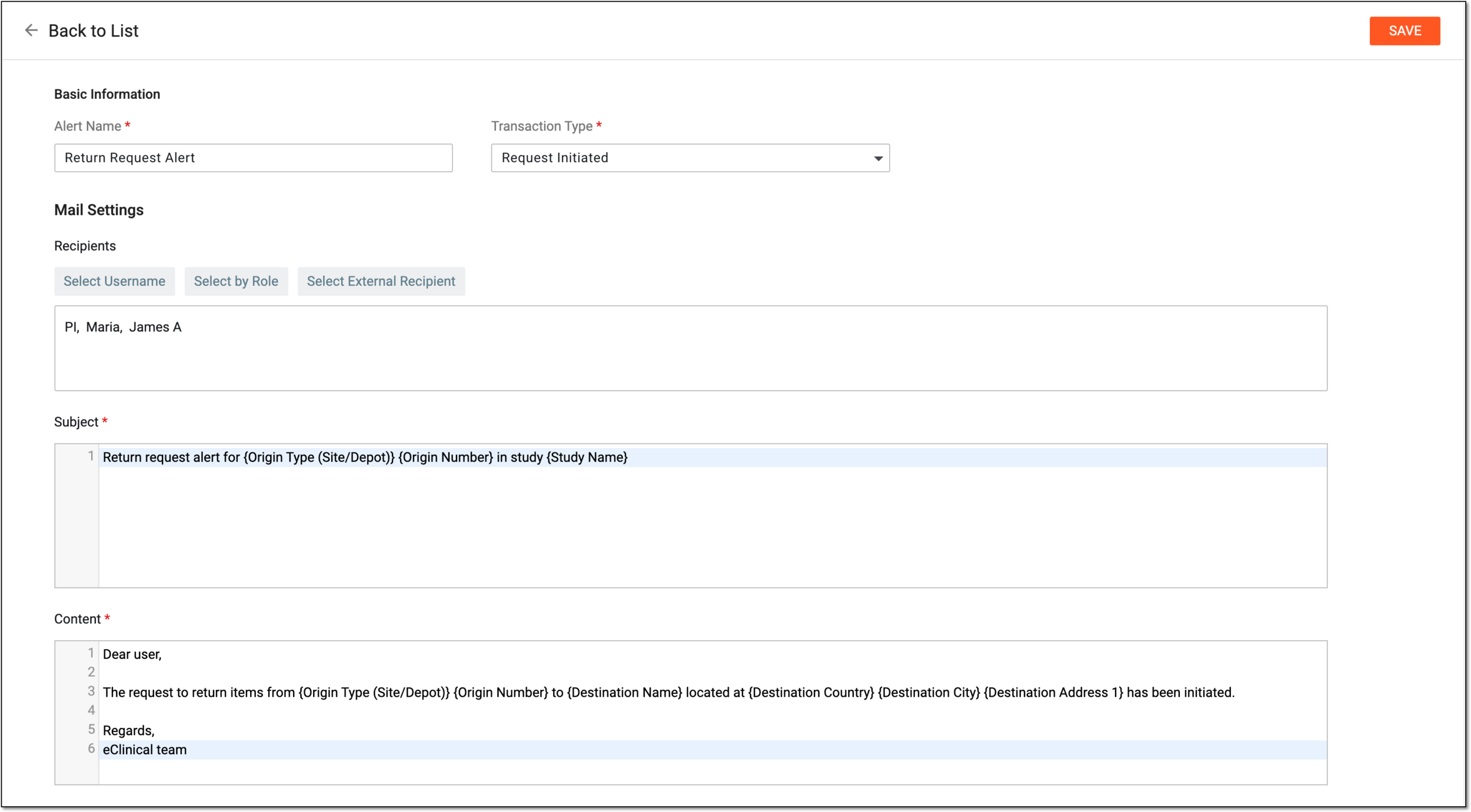 Configuring return request alert