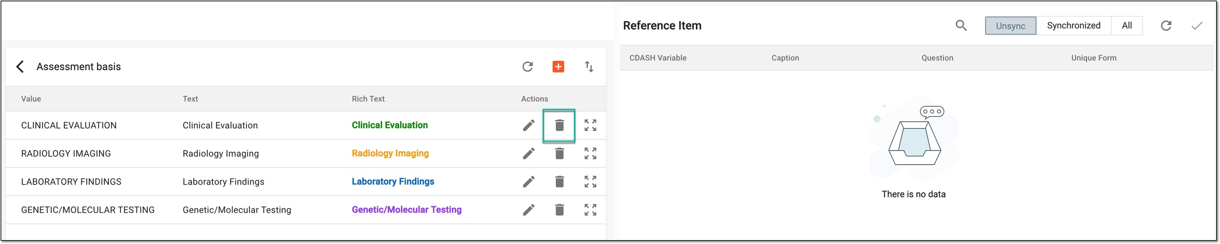 Selecting option to delete item