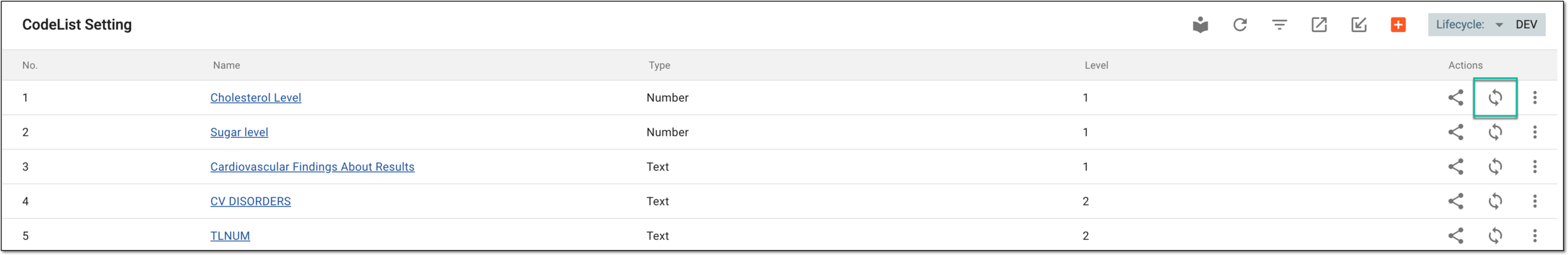 Selecting option to sync codelist