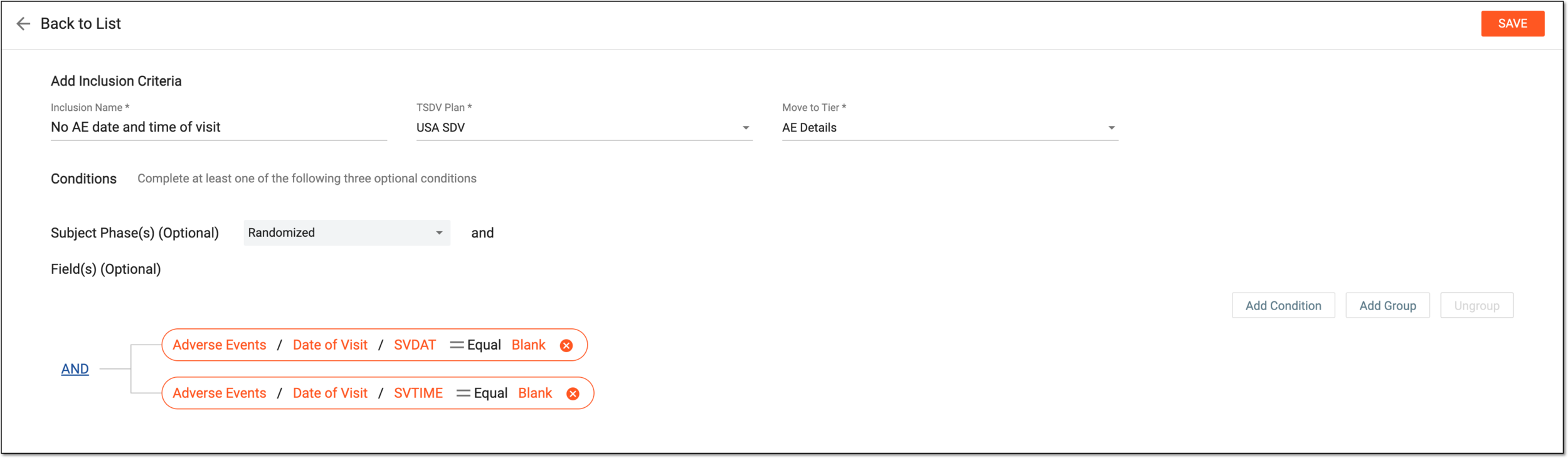 Configuring inclusion criteria