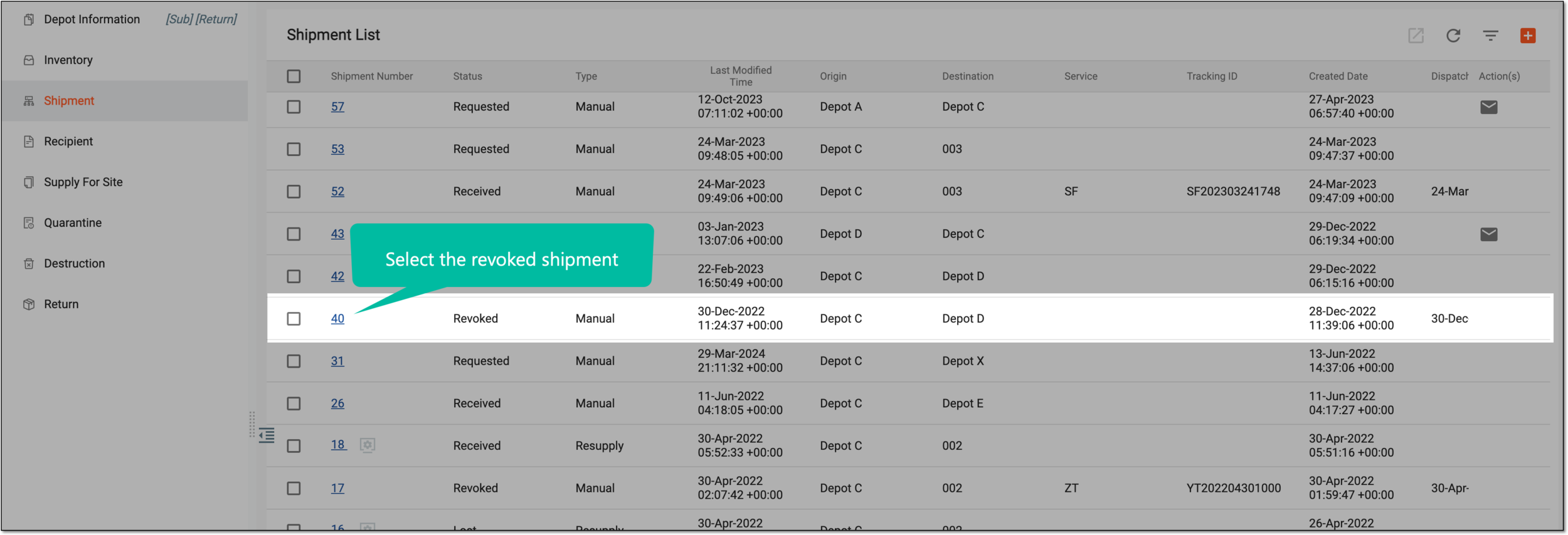 Accessing revoked shipment details