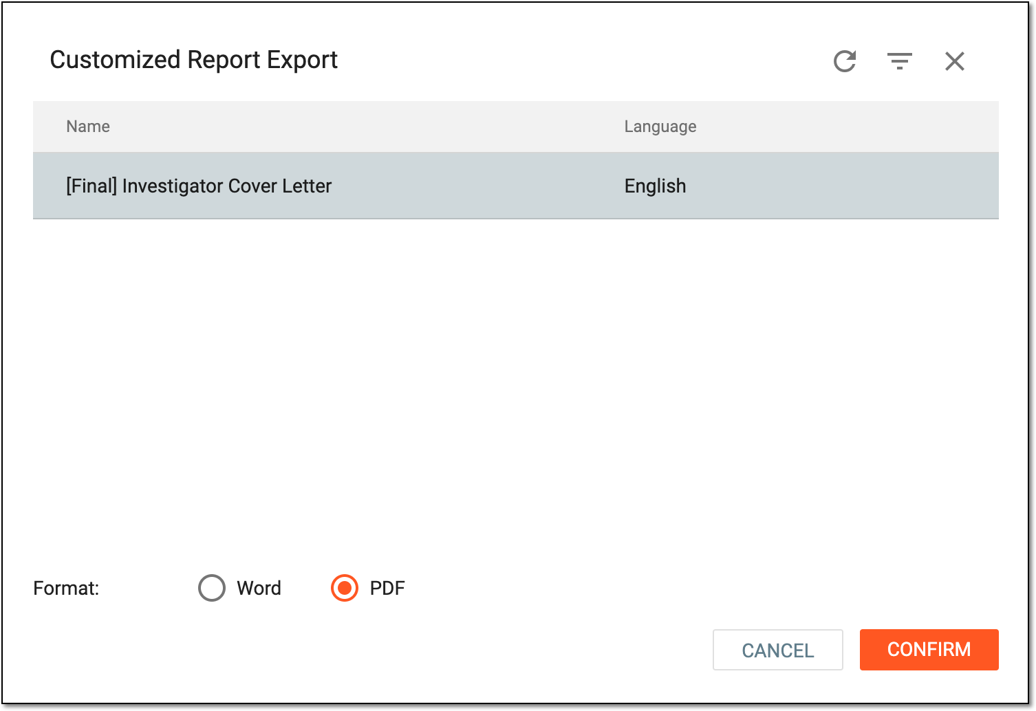 Selecting customized report template and format