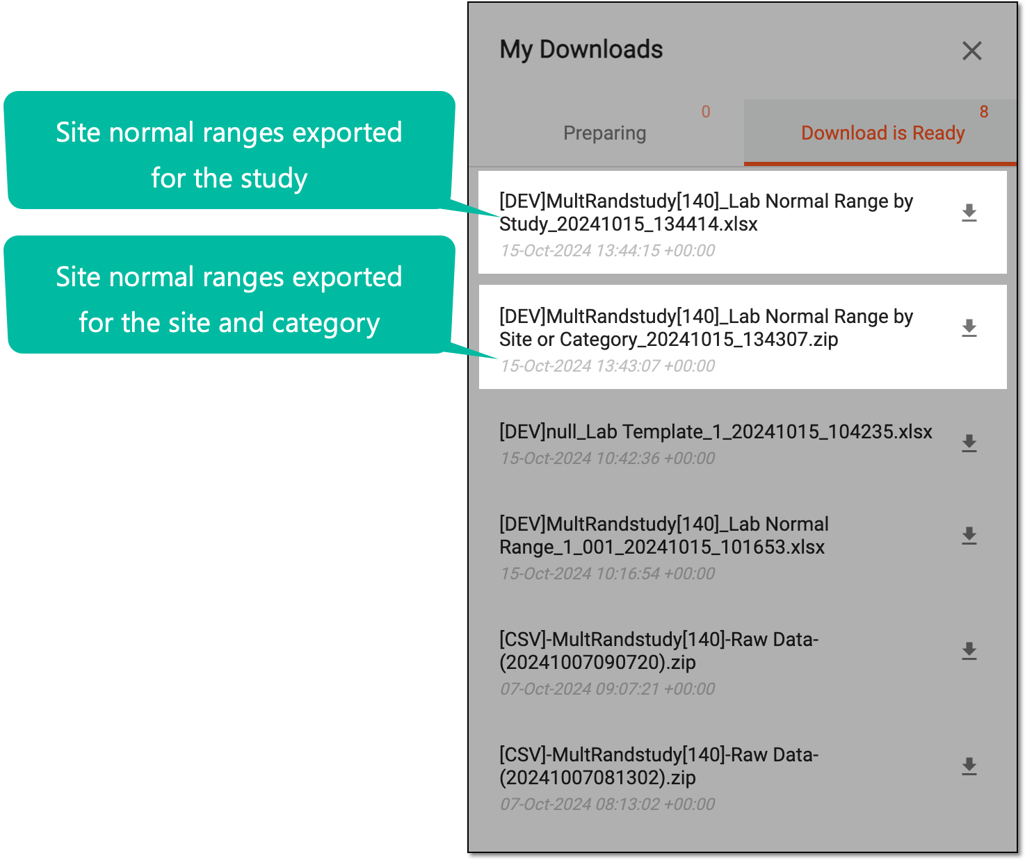 Locating exported site normal ranges to download