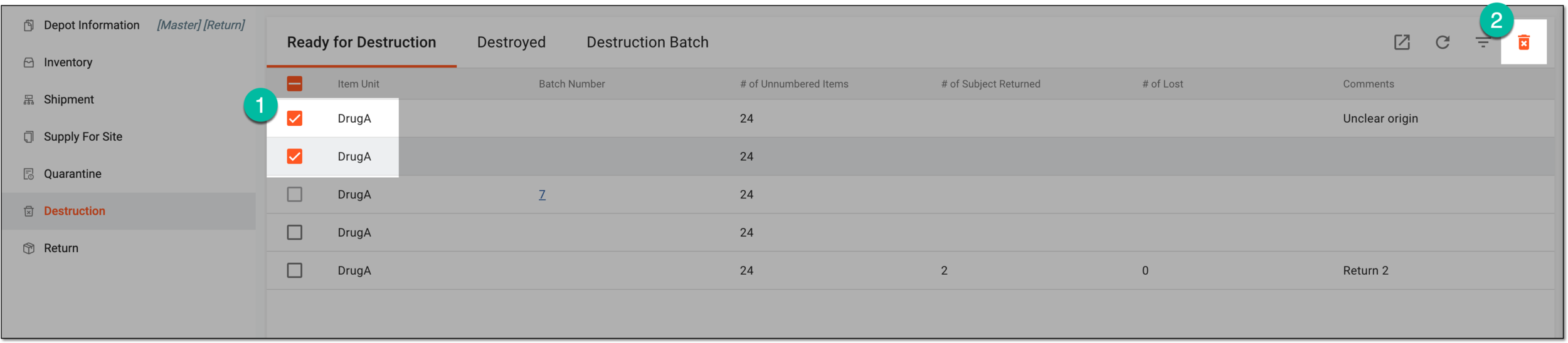 Selecting items to create destruction batch
