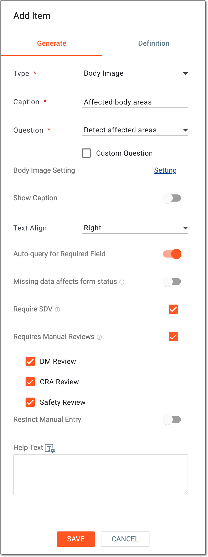 Adding body image item details
