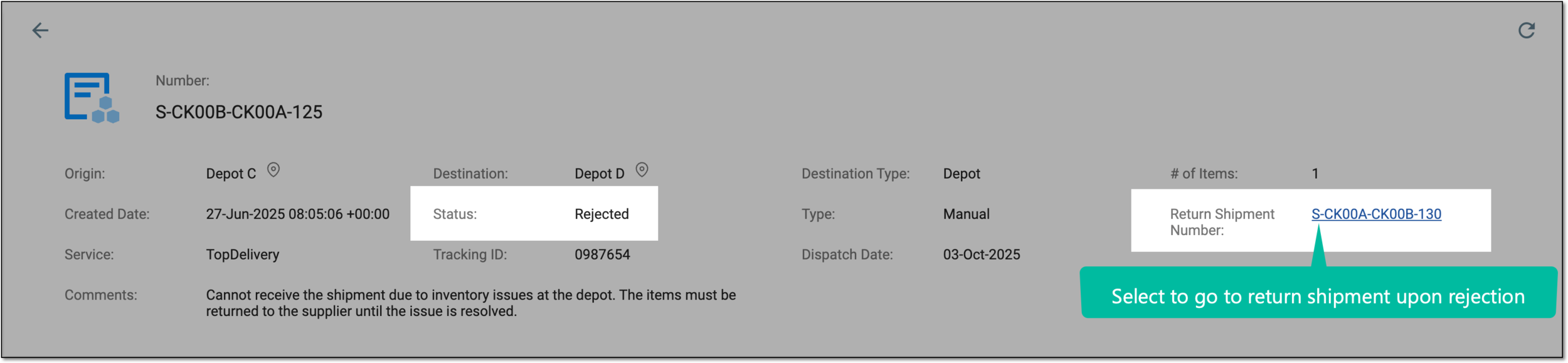 Rejected shipment details with autogenerated return shipment link