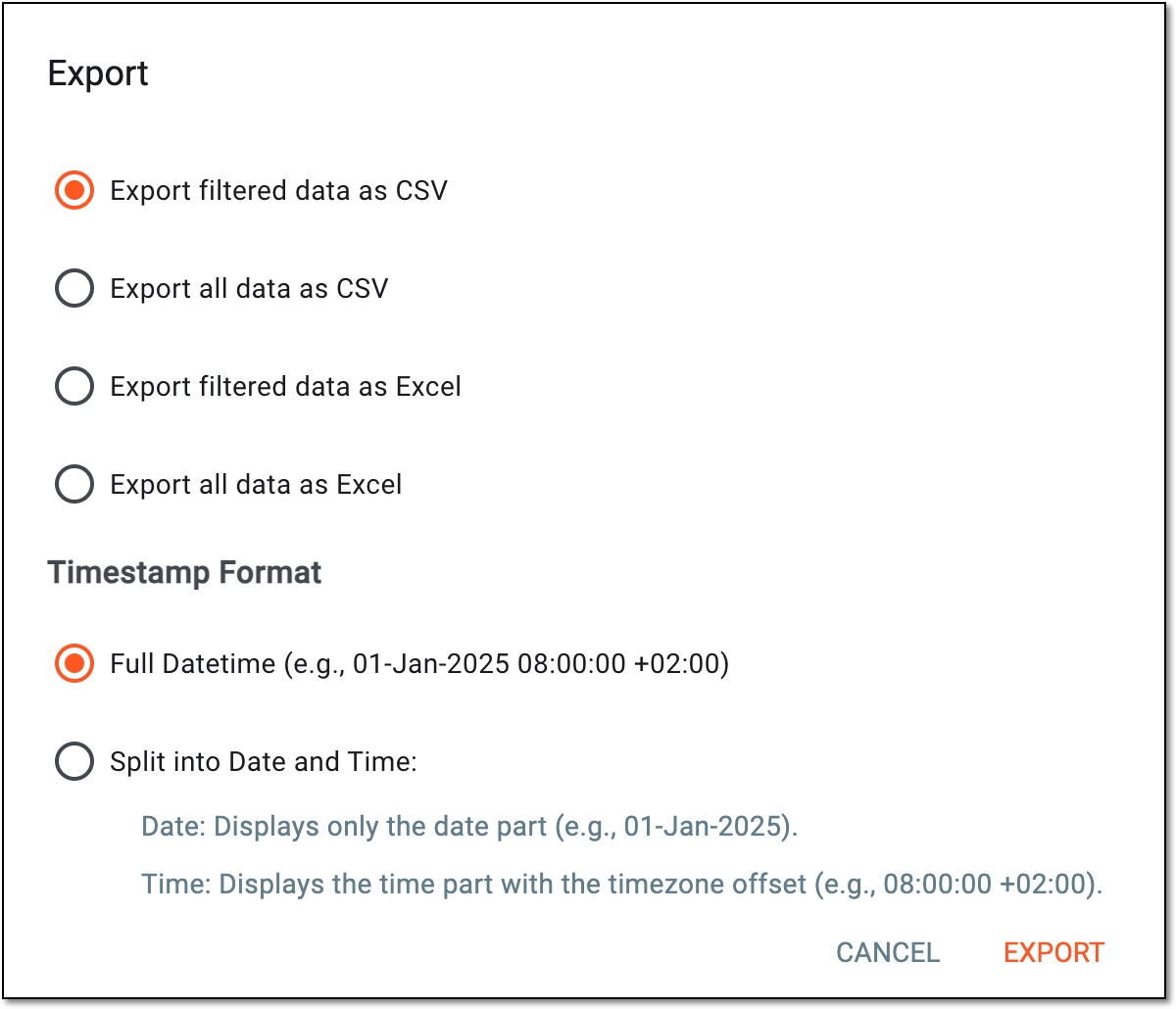 Example of selecting exporting options
