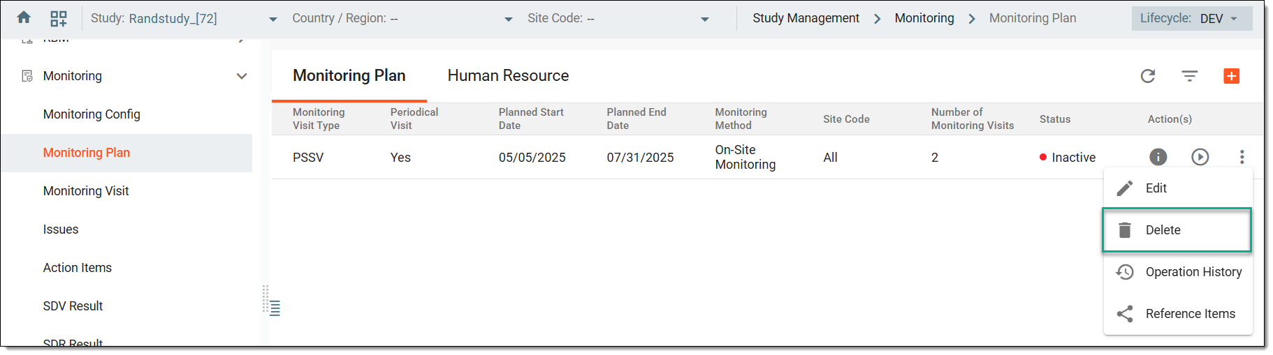 Selecting option to delete monitoring plan