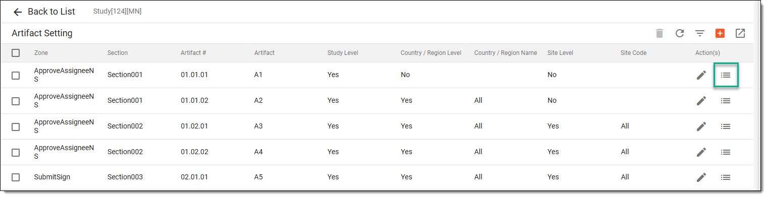 Accessing option to view artifact setting's audit trail