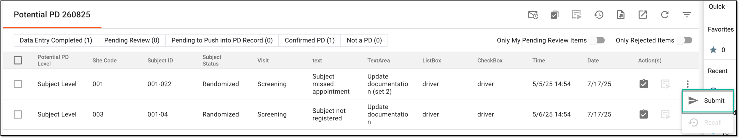 Selecting to submit potential PD record