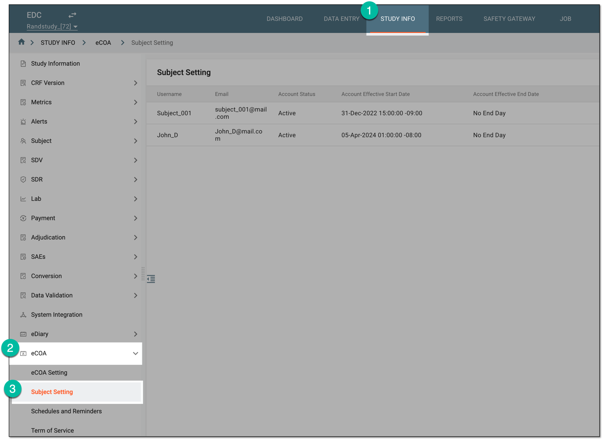 Accessing eCOA subject setting