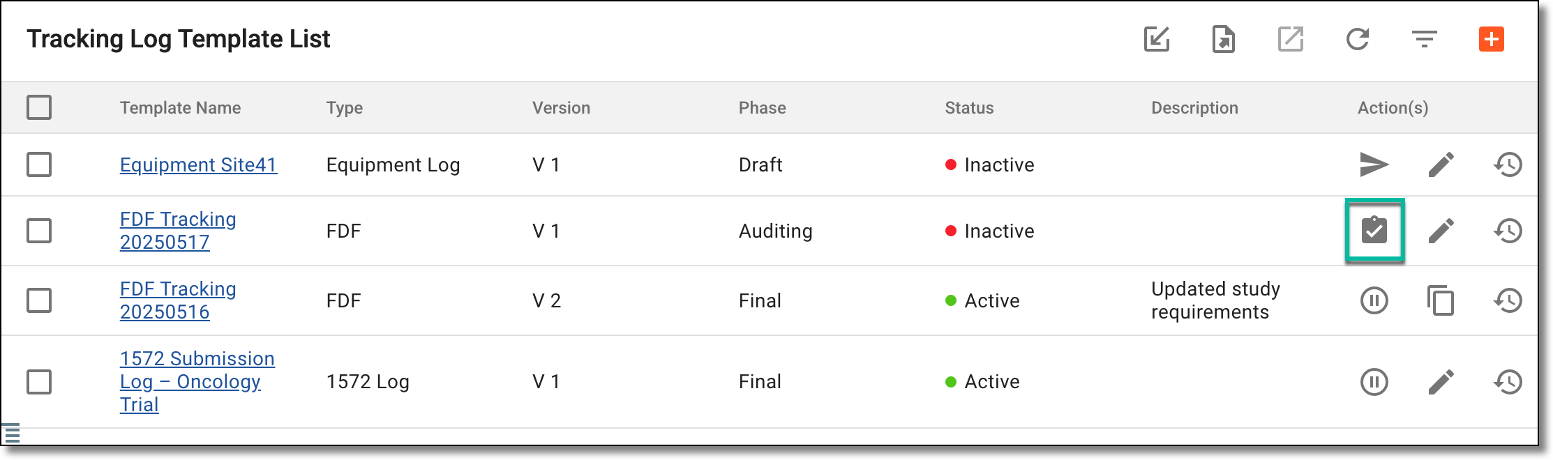 Approving tracking log template