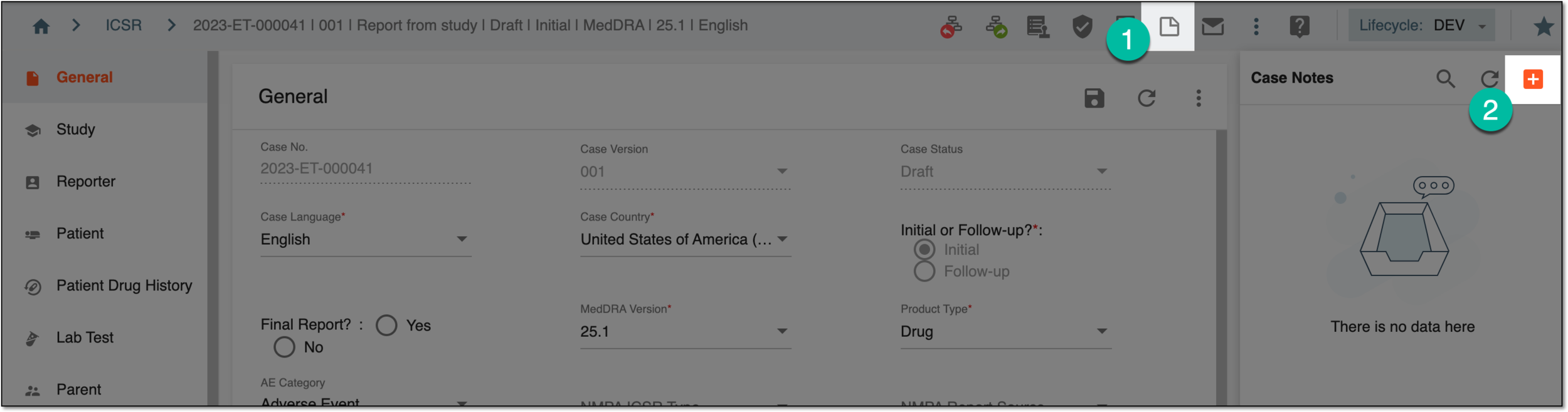Adding new case note in ICSR