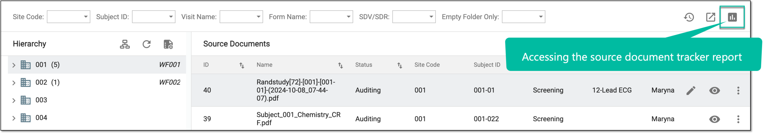 Accessing source document tracker report