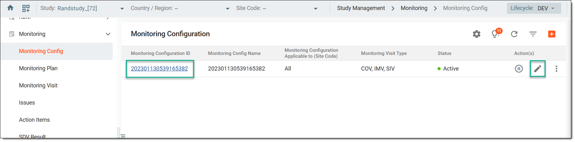 Accessing option to update monitoring configurations