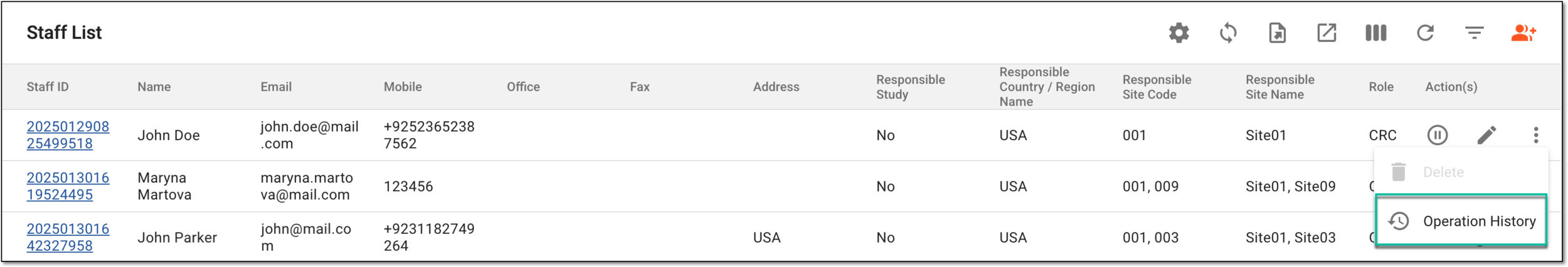 Accessing option to view operation history