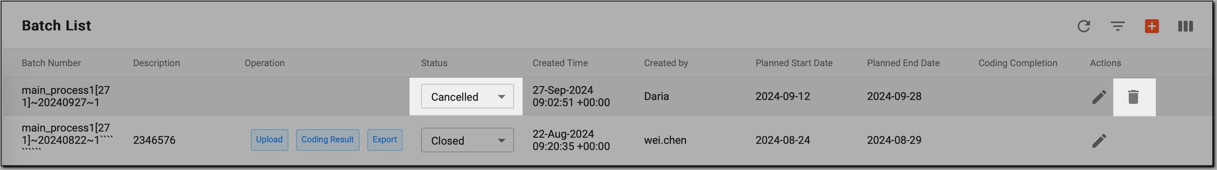 Initiating coding batch deletion