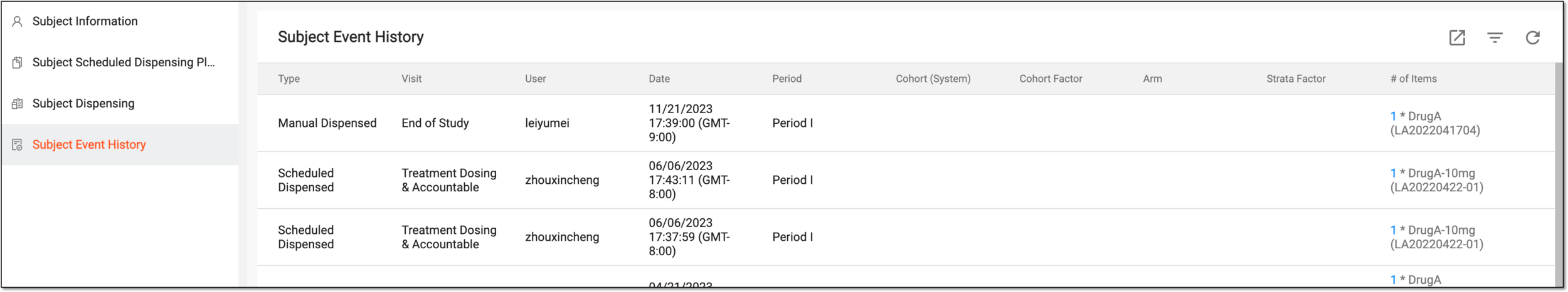Subject Event History tab