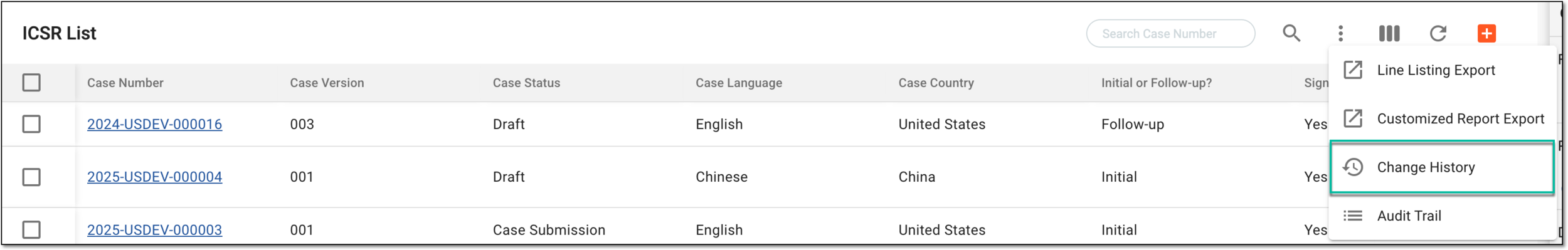 Accessing change history for ICSR list