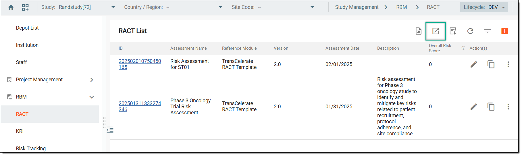 Selecting option to export all risk assessments