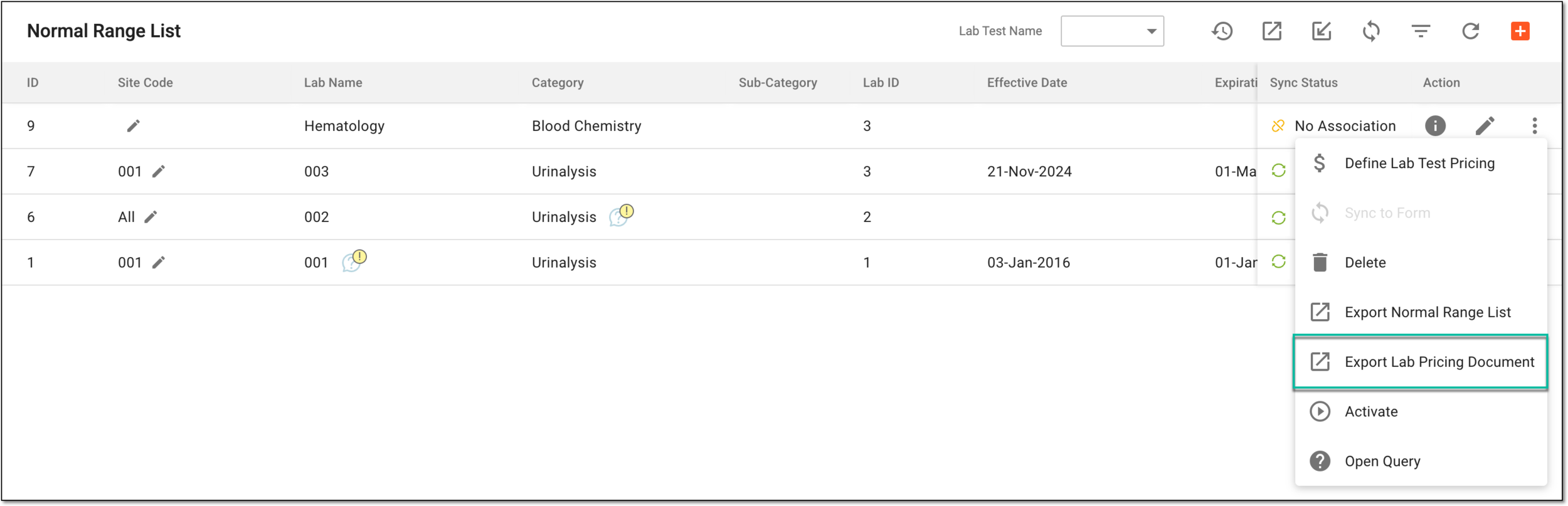 Selecting option to export pricing document for lab
