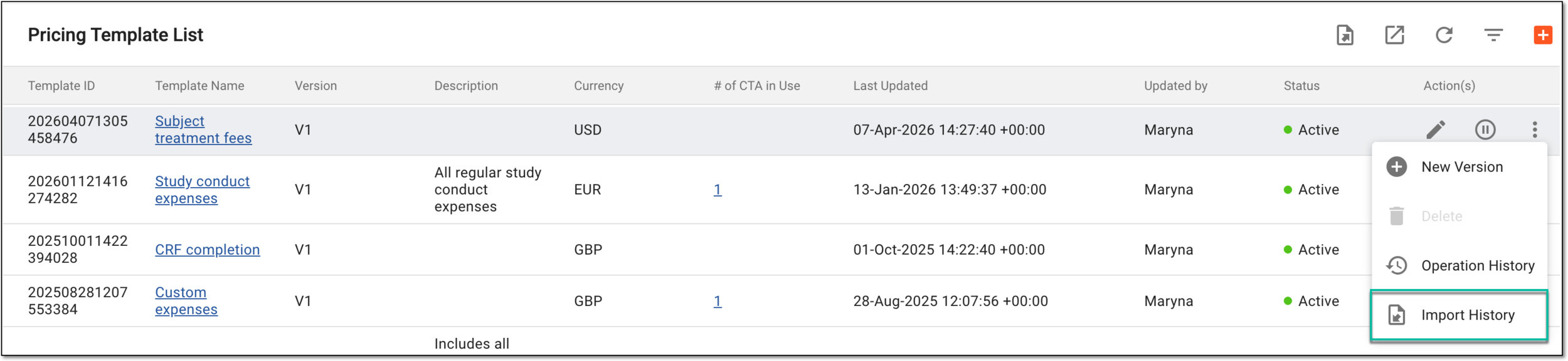Accessing import history for pricing template