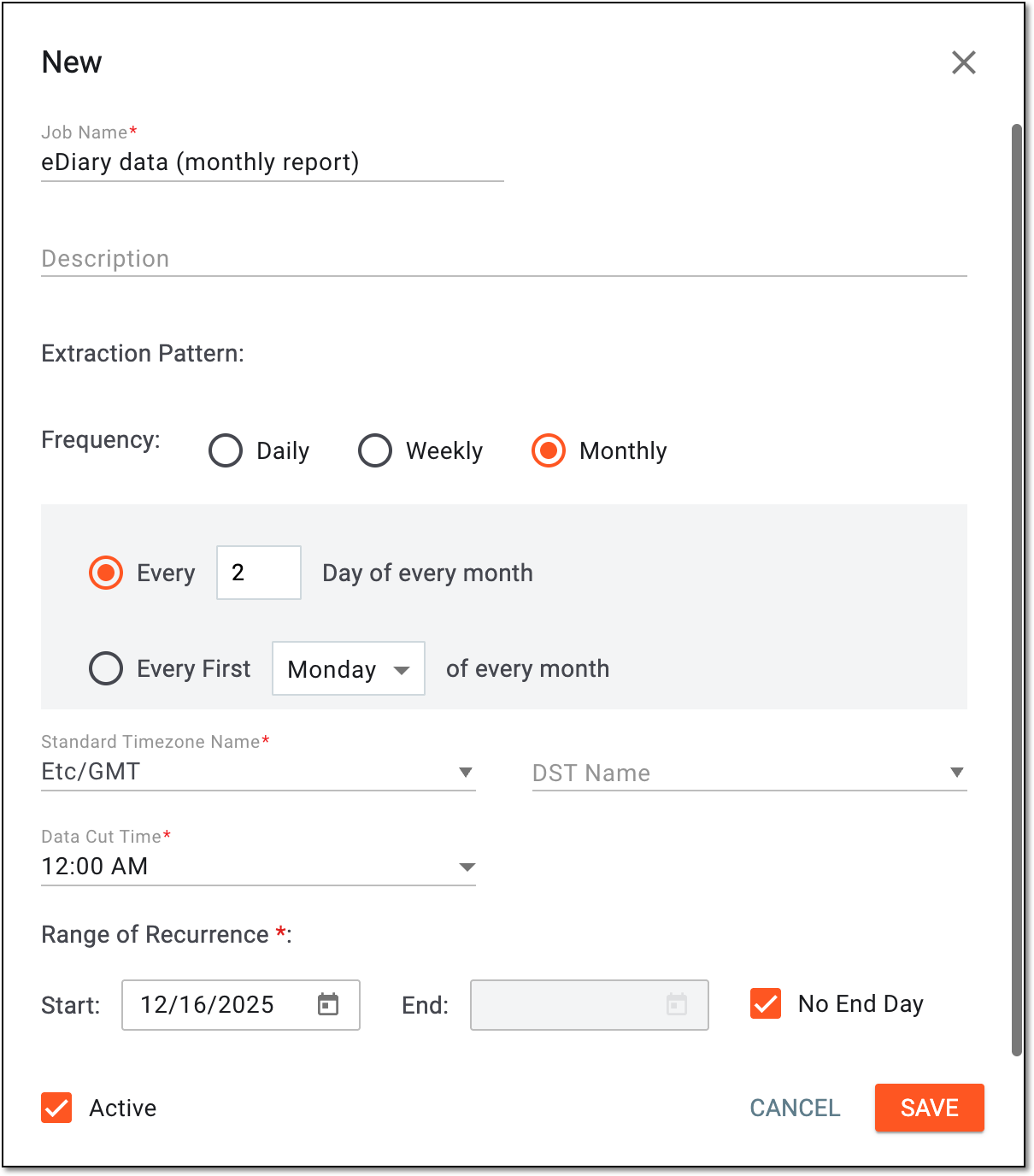 Configuring eDiary data extraction job