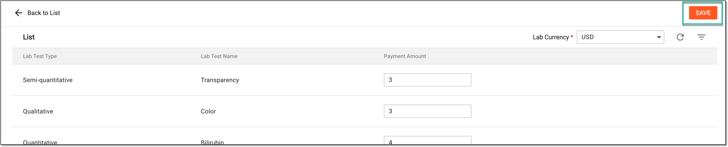 Saving lab test pricing settings