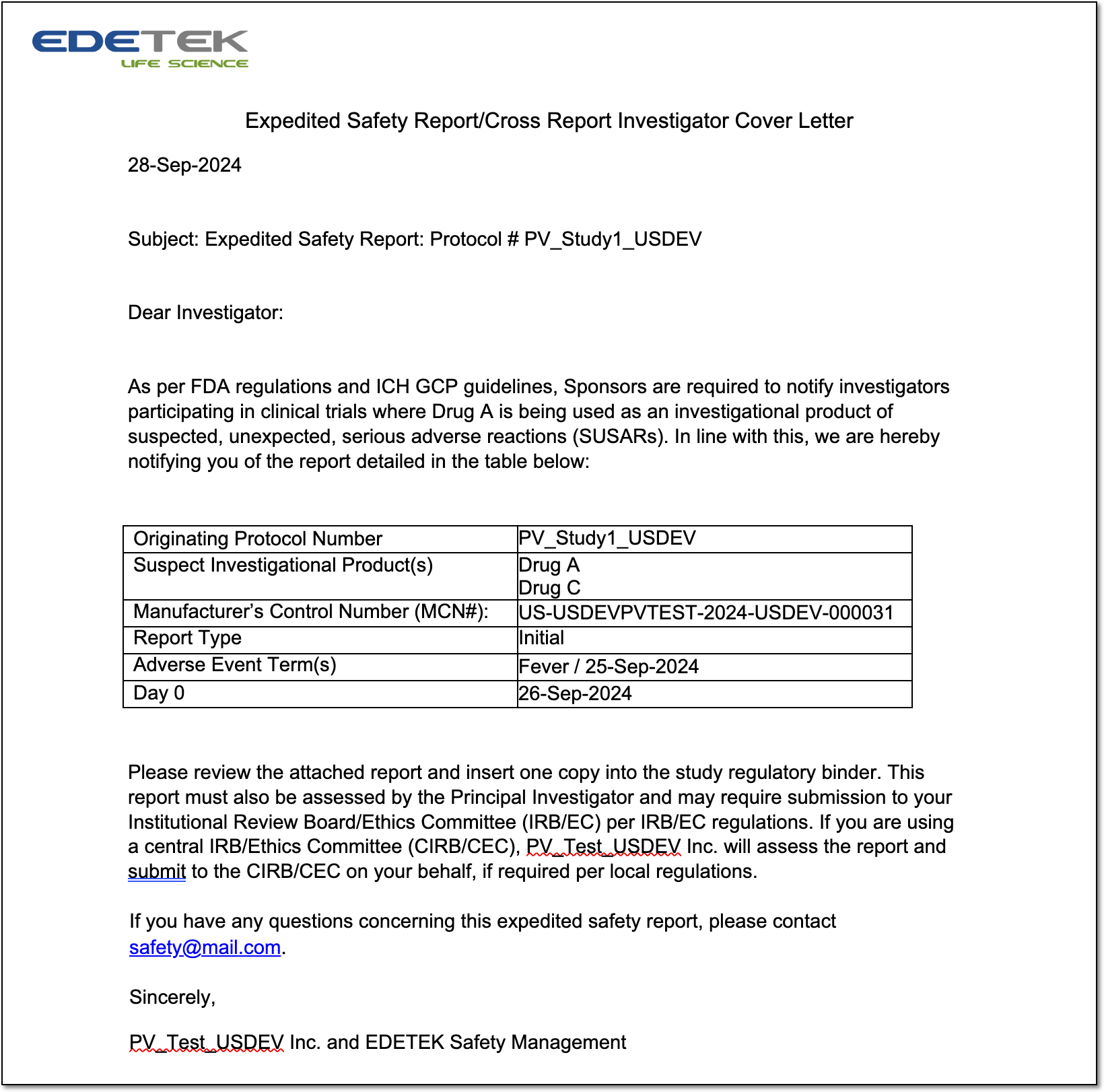 Exported customized report example