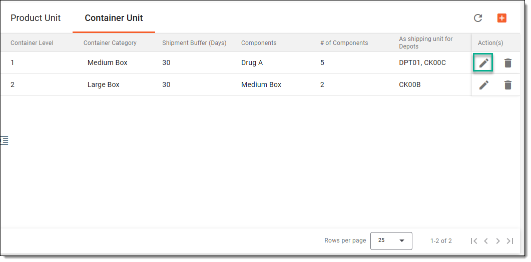 Accessing option to edit container unit