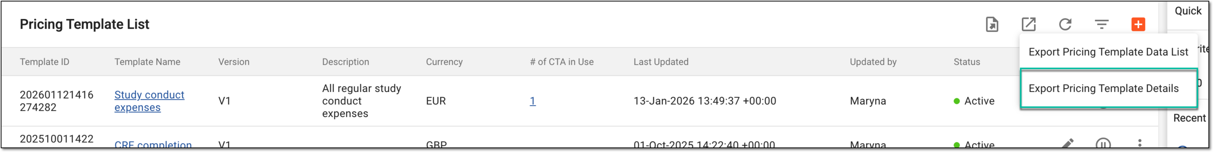 Selecting option to export pricing template details