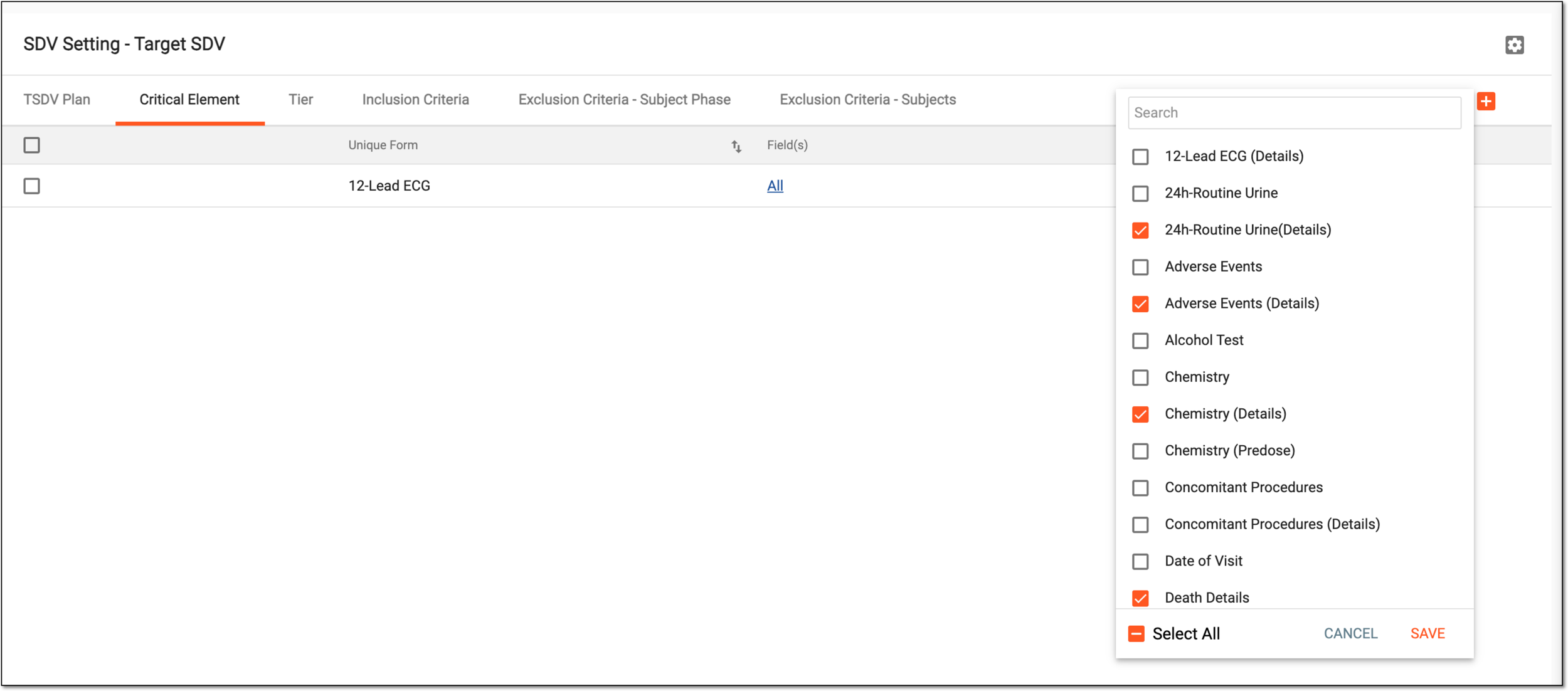 Selecting CRFs to add to critical element list
