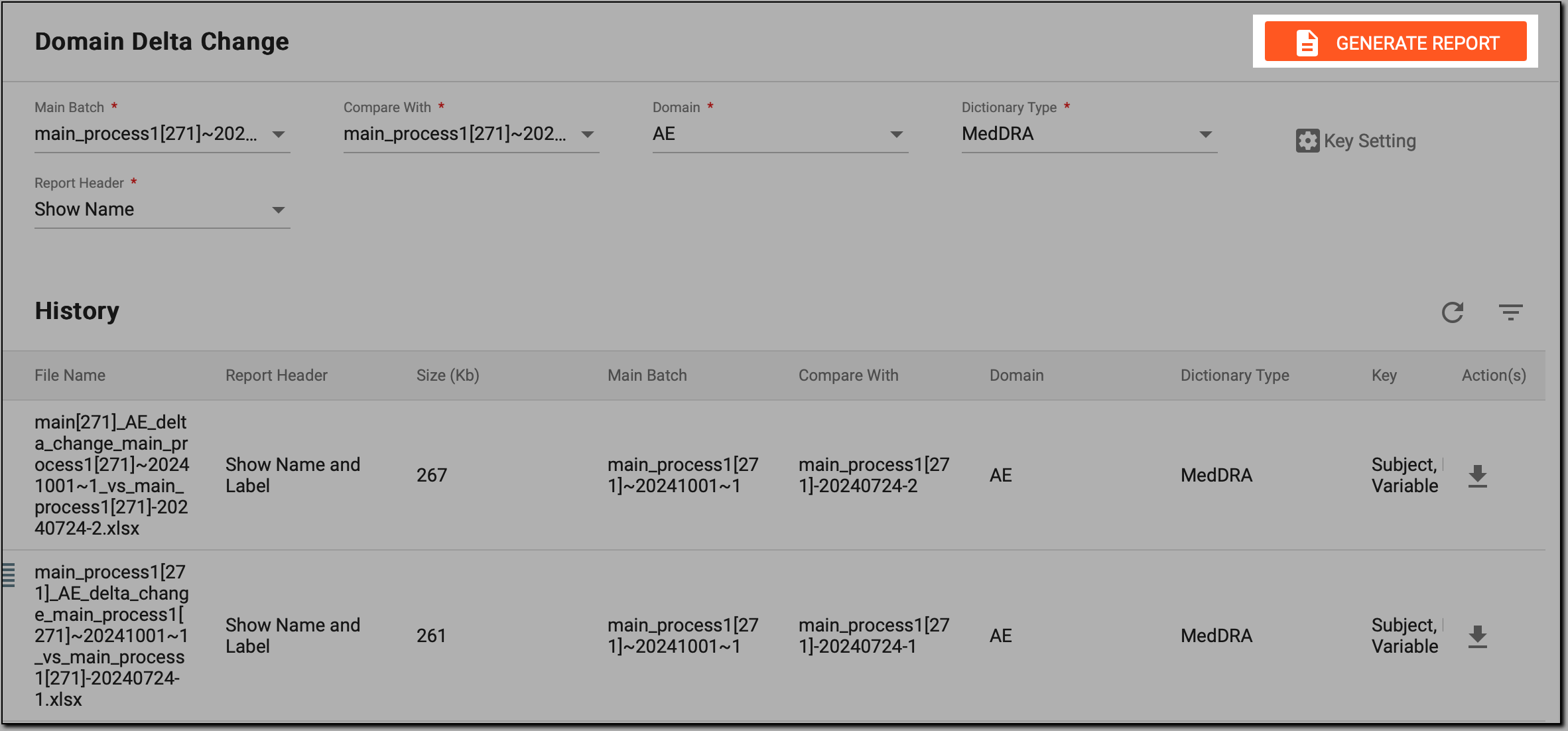 Generating domain delta change report