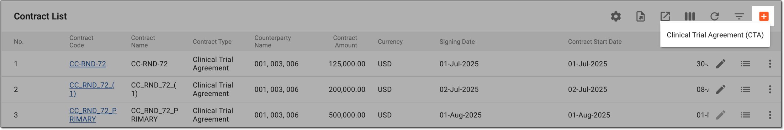 Selecting option to create new contract