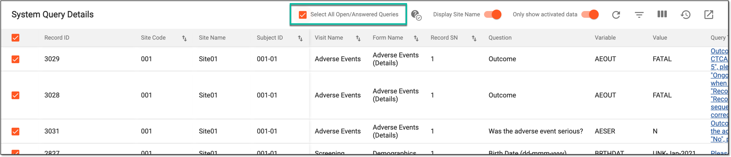 Selecting all open and answered queries