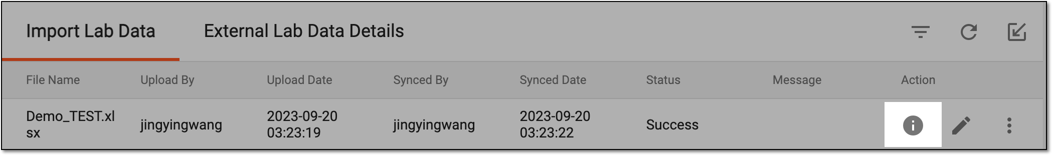 Selecting to view imported lab data file