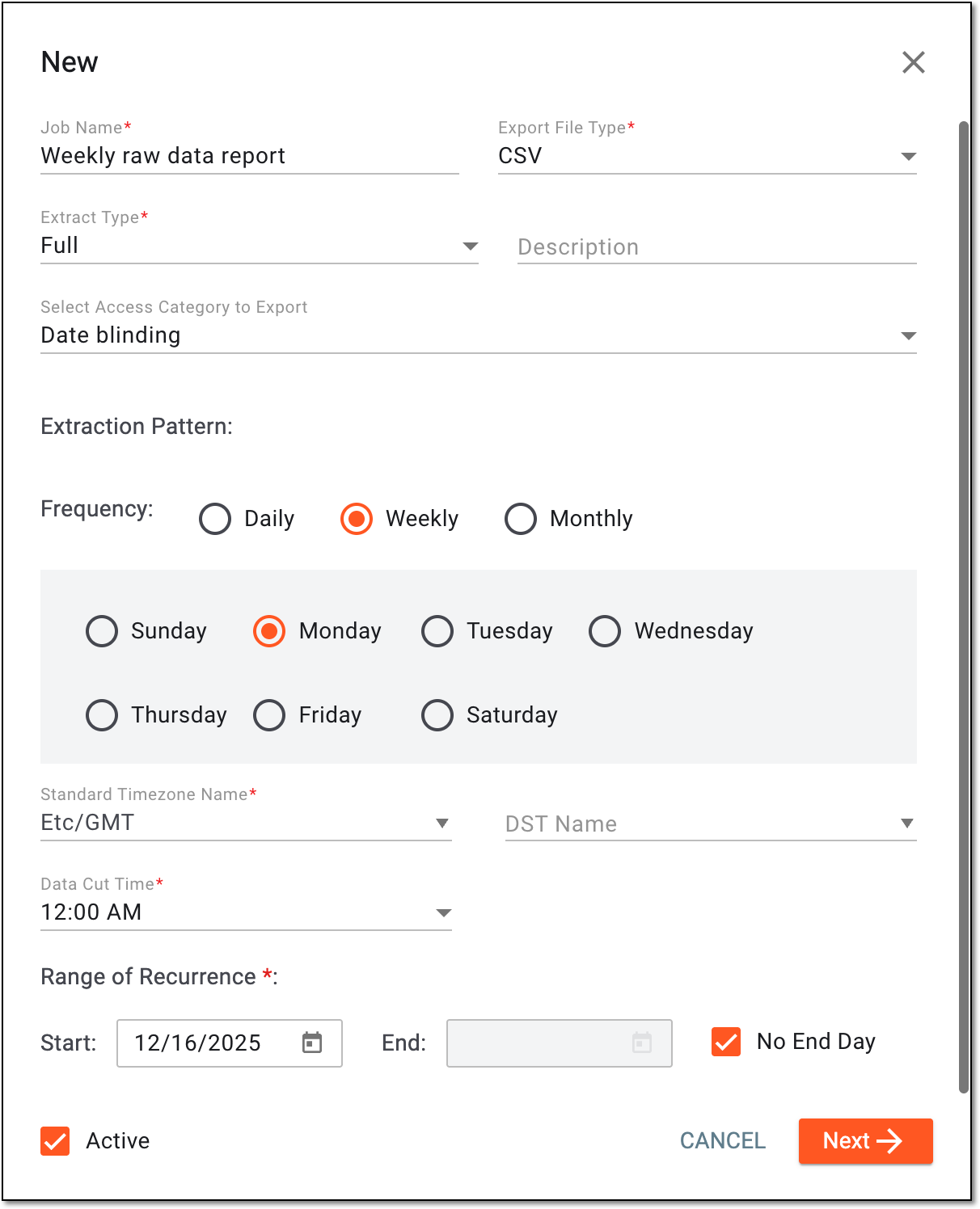 Configuring raw data extraction job