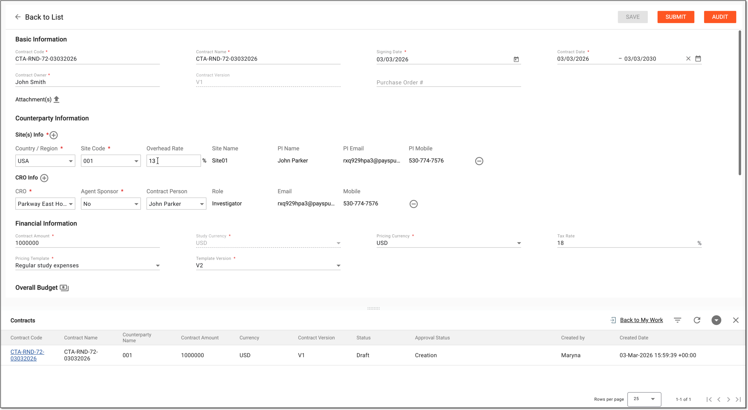 Contract submission page example