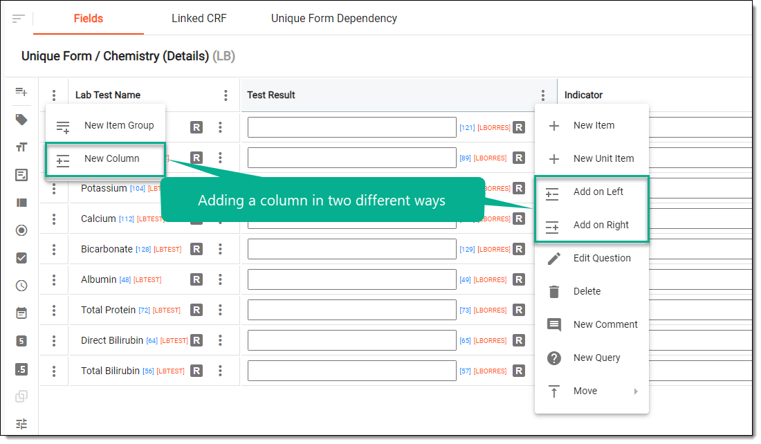 Selecting option to add column