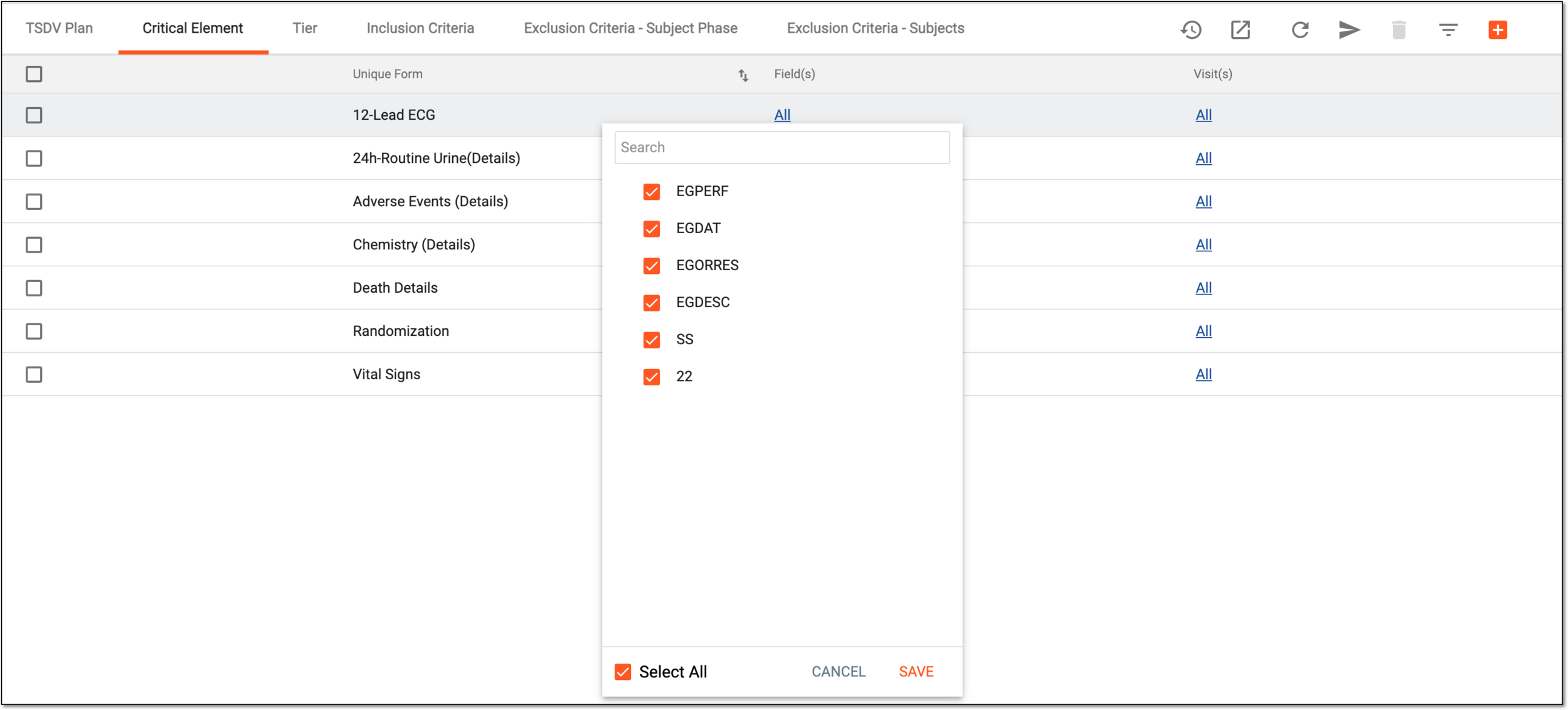 Selecting fields for SDV