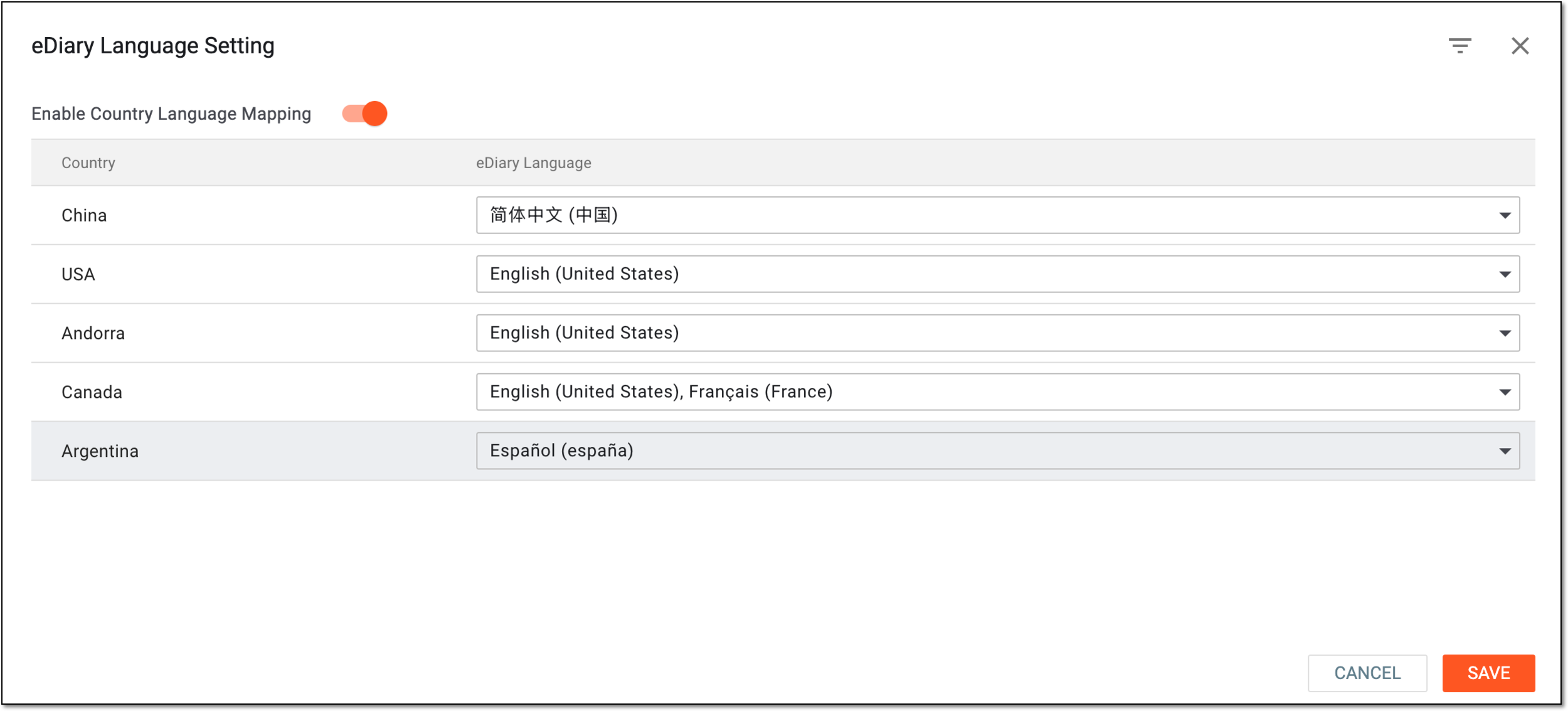 Enabling eDiary language setting by country