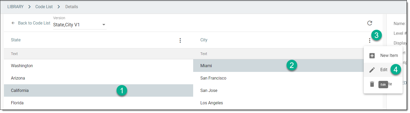 Selecting option to edit data item