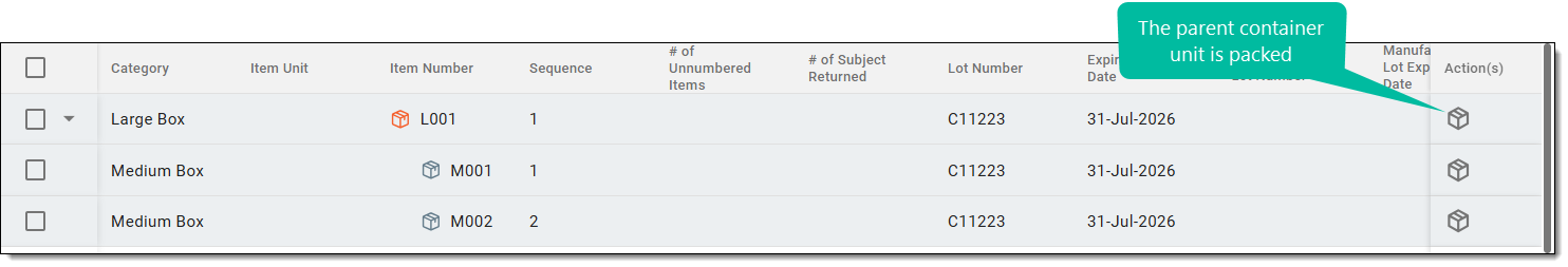 Packed container unit example