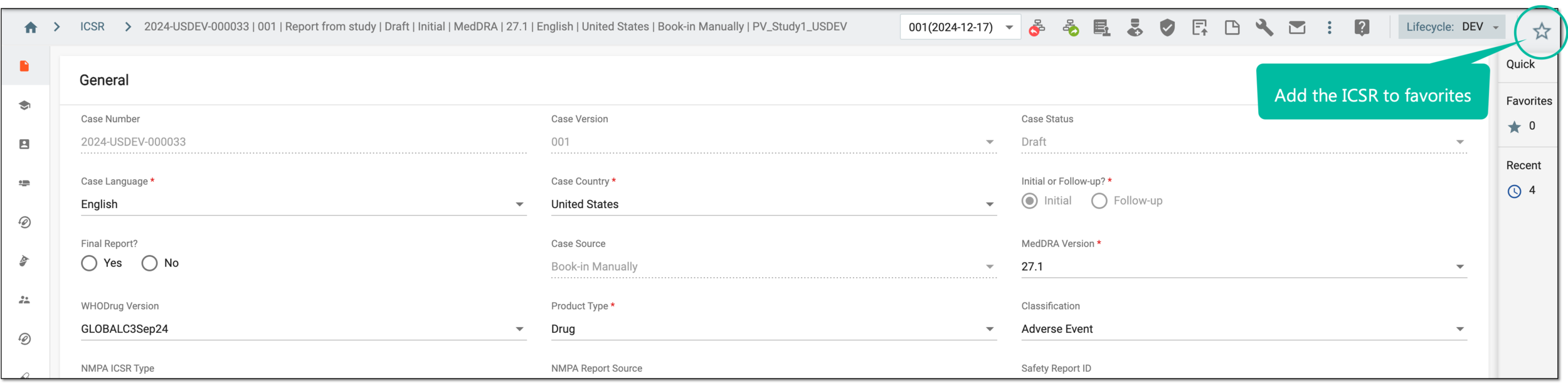 Adding ICSR to favorites
